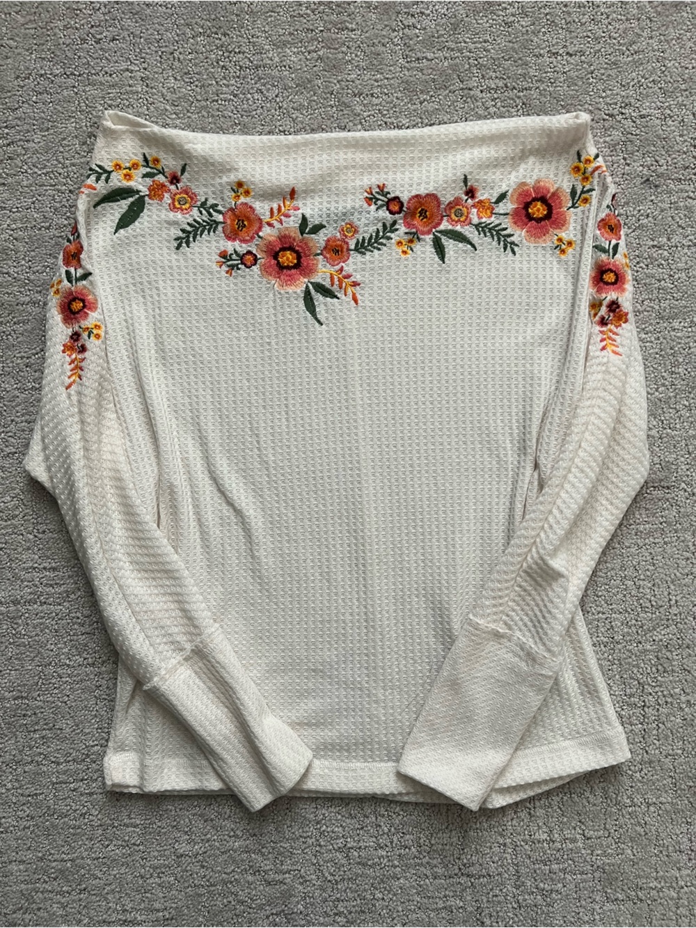 Embroidery floral dolman waffle knit sweater